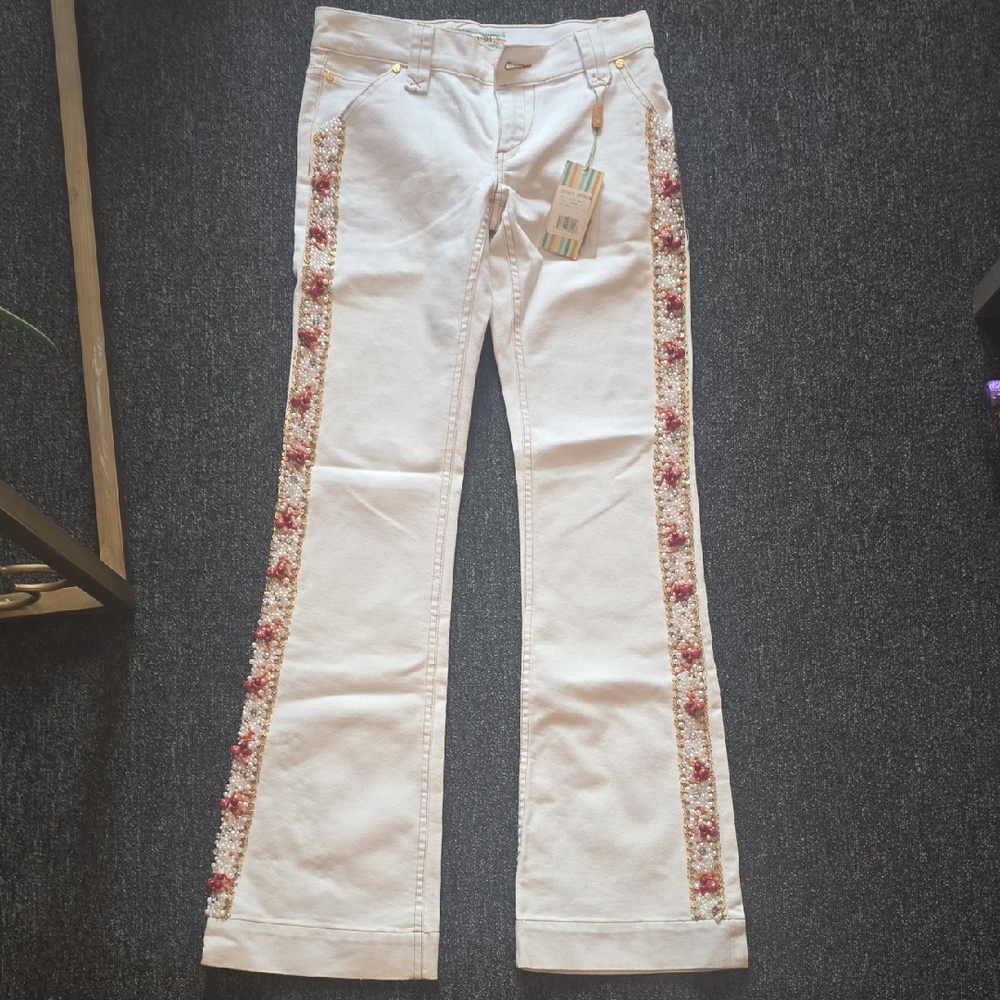 Allen B. By Allen Schwartz White Jeans with Aqua and Tan Trim
